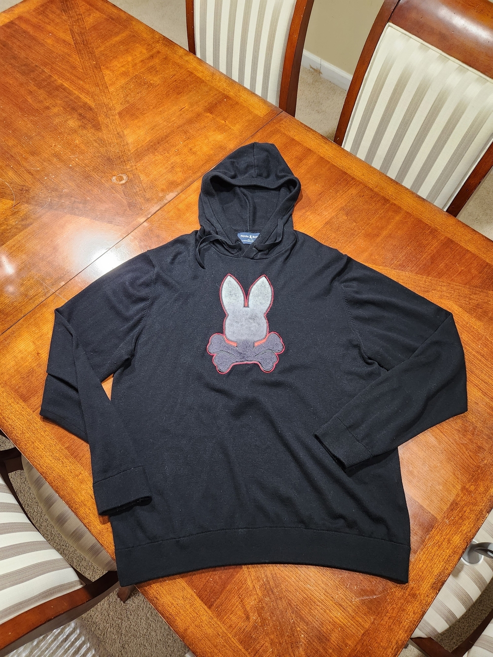 Psycho Bunny Black Hoodie with Gray Bunny Patch and Red Outline XXL